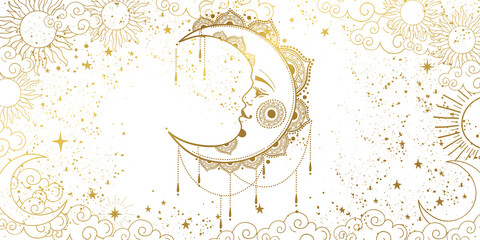 Wall Mural - White background with a gold crescent moon with a face. A template for astrology, tarot, a banner for a witch. Divine boho design, hand drawn vector illustration, vintage style.
