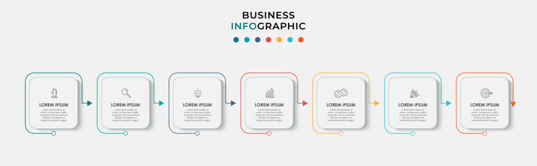 Vector Infographic thin line design business template with icons and 7 options or steps. Can be used for process diagram, presentations, workflow layout, banner, flow chart, info graph