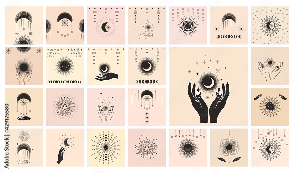 Hand drawn 25 cards of mystical Sun with woman`s face, Moon, star in line art. Spiritual symbol celestial space. Magic talisman, antique style, vintage, tattoo, logo. Vector sketch set illustration - obrazy, fototapety, plakaty 
