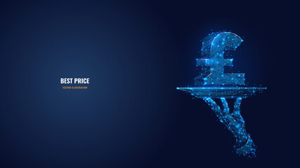 Poster - 3d hand holding plate with pound icon. Digital dish and currency symbol in dark blue. Best price, bargain or money concept. Abstract polygonal wireframe with connected dots, lines, stars and shapes 