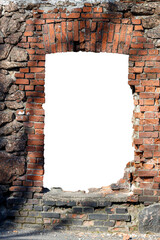 Poster - old red brick wall with hole isolated on white background in the middle