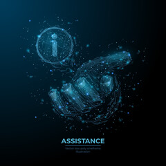 Poster - 3d hand and information icon in dark blue. Abstract human arm and support logo. Assistance, hand gesture concept. Digital polygonal mesh wireframe with connected dots, lines, stars and flying debris 