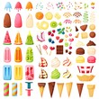 Ice cream constructor. Various flavors, cones, toppings, sprinkles to make your ice cream. Vanilla, chocolate sundae, strawberry fruit ice, popsicle. Vector dessert elements set. Dairy products