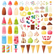 Ice Cream Constructor. Various Flavors, Cones, Toppings, Sprinkles To Make Your Ice Cream. Vanilla, Chocolate Sundae, Strawberry Fruit Ice, Popsicle. Vector Dessert Elements Set. Dairy Products