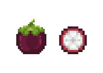 Wall Mural - Pixel mangosteen. Pixel art mangosteen and half mangosteen icons set. 8 bit retro fruit design vector.