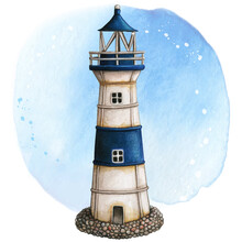 Watercolor Hand Painted Lighthouse Rusty White And Blue