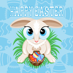 Wall Mural - Illustration for Happy Easter with Easter bunny on blue background. 