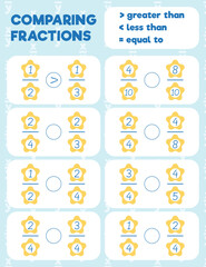 Wall Mural - Comparing fractions worksheet, math practice print page. Count and write.