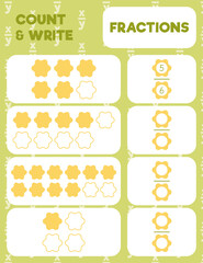 Wall Mural - Fractions worksheet, math practice print page. Count and write.