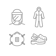 Wall Mural - Medical equipment linear icons set. Face shield. Disposable coveralls. Doctor uniform. Quarantine safety. Customizable thin line contour symbols. Isolated vector outline illustrations. Editable stroke