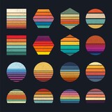 Fototapeta Zachód słońca - Retro sunset collection for banner or print. 80s style retrowave striped shapes with different forms and colors. Grunge effect