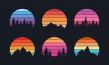 Fototapeta Zachód słońca - Retro sunset collection for banner or print. 80s style retrowave striped circles with mountains and forest trees