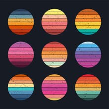 Retro Sunset Collection 80s Style. Striped Colorful Circles With Grunge Effect Texture