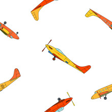 Seamless Pattern With Red And Yellow Vintage Planes In Cartoon Style On White Background.