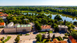 Panoramic aerial view of historic city center with Jezioro Jelonek Lake and Wzgorze Lecha Hill in Gniezno, Poland