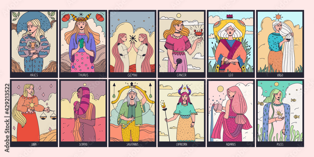 Set of zodiac signs with beautiful girls. Cartoon vector illustration. - obrazy, fototapety, plakaty 