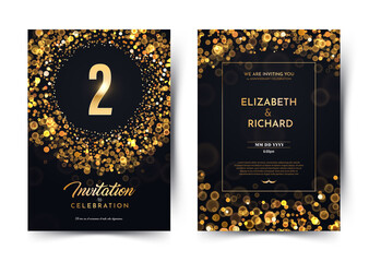 2nd year birthday vector black paper luxury invitation double card. Two year wedding anniversary celebration brochure. Template of invitational for print on dark background with bokeh lights