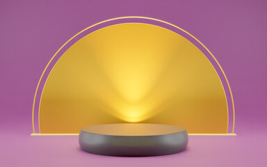 Matte gray ellipse-shaped podium and golden yellow design element in the background. Mauve, deep rosy purple color wall and floor. Mock up of empty pedestal in center as a abstract symbol. 