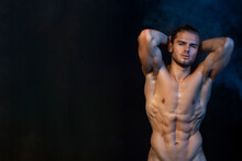 Sexy Sport Muscle Fit Strongface Guy Stripped On Black Isolated  Font Background With Smoke