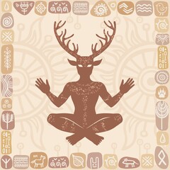 Wall Mural - Silhouette of the sitting horned god Cernunnos. Mysticism, esoteric, paganism, occultism.  Vector illustration. Background - a decorative frame ethnic symbols.