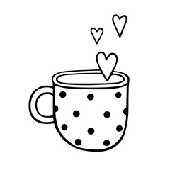 A mug of tea with a polka dot pattern and hearts. A cup of coffee, steam with a heart. Hand-drawn vector illustration in doodle style, isolated. A declaration of love. Sticker, card, Valentine's Day.