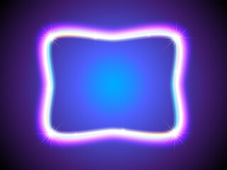 Poster - Shiny neon frame with sparkles and colorful glow on dark blue background. Square frame with flares. Rectangular shape.