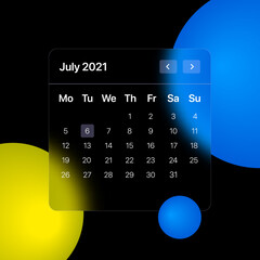 Wall Mural - Glassmorhism Calendar Template. UI, UX, GUI layout for mobile and web application. Glassmorphism concept design. Vector illustration