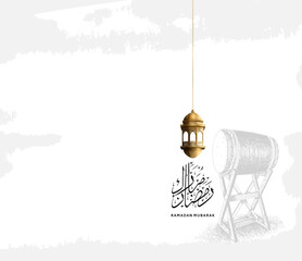 Wall Mural - Ramadan Design vector with calligraphy, traditional drum and lantern golden color isolated on white background