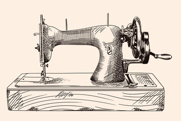 Antique hand sewing machine on a wooden base. A quick simple pencil sketch.