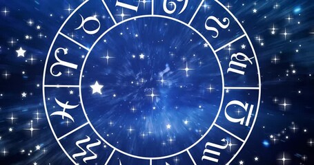 Poster - Animation of spinning zodiac sign wheel over stars on blue sky