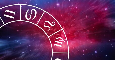 animation of spinning zodiac sign wheel over stars on glowing pink to purple sky