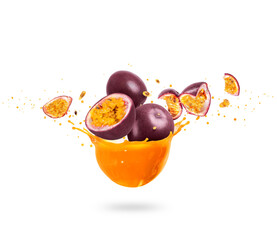 Wall Mural - Sliced ripe passion fruits (Passiflora) with splashes of fresh juice, isolated on a white background