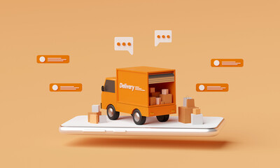 E-commerce concept, Delivery service on mobile application, Transportation delivery by truck, 3d rendering