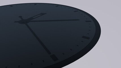 Rendering image of an analog clock with dark gray hands. Hours, minutes, seconds. Watch dial.