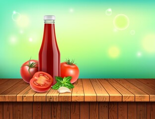 Poster - Realistic Detailed 3d Red Tomato Ketchup Bottle and Basil Leaves for Salad. Vector