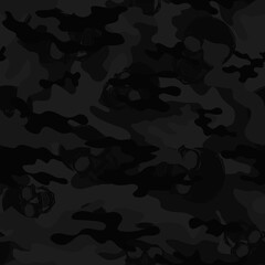 
Black camouflage seamless pattern with skulls, trendy night texture for printing.