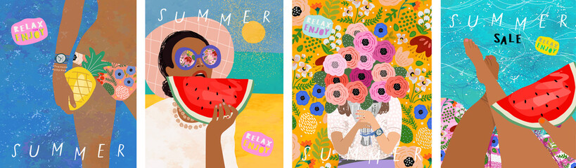 Summer! Vector illustration of marine hot vibes. Drawings of a woman with watermelon and pineapple in a swimsuit, girl with a bouquet of flowers, sea and beach for a card, poster or background