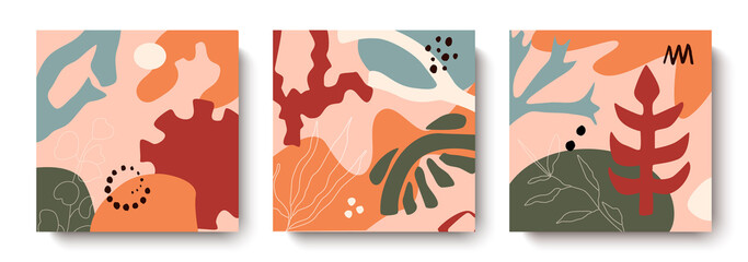 Aufkleber - A fashionable set of abstract bright cards with leaves.Creative doodles of various shapes and textures.Vector illustration is perfect for prints,flyers,banners, postcards, invitations, wall art.