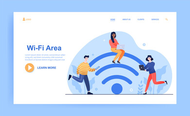 Poster - Young male and female characters are using wifi on their smartphone and laptop