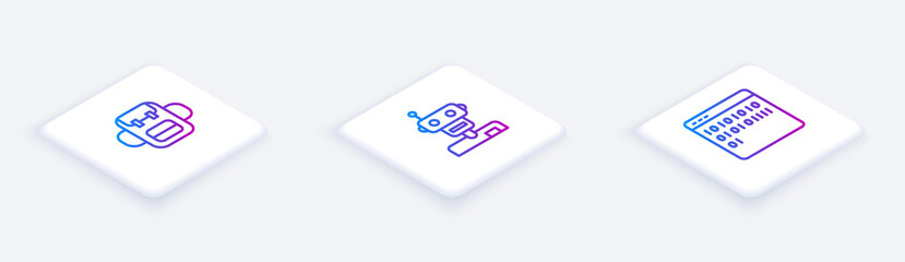 Aufkleber - Set Isometric line School backpack, Robot and Binary code. White square button. Vector