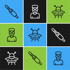 Sticker - Set line Audio jack, UFO flying spaceship and Nerd geek icon. Vector