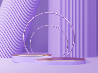 Poster - 3D rendered podium for your product showcase. Violet matt shapes with gold elements. Vector 3d illustration.