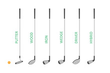 Golf Club Set. Putter, Wood, Iron, Wedge, Driver, Hybrid Golf Clubs. Golfer Sports Equipment