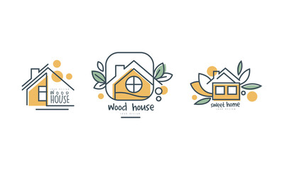 Wall Mural - Eco Home or Eco-house Logo Design with Green Leaf Vector Set