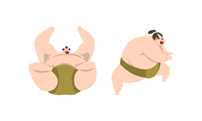 Sticker - Sumo Wrestler as Japanese Martial Arts Fighter in Different Poses Vector Set