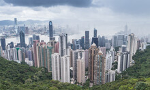 Hong Kong Skyline, Aerial City View In A Cloudy Day