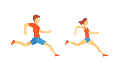 Wall Mural - Young Male and Female Running Marathon Sprinting Forward Vector Set