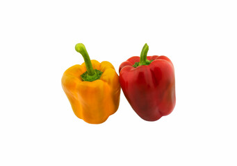 Yellow and red peppers on white background. Full depth of field. Paprika.