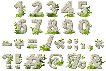 Sticker - Numbers, punctuation marks with leaves and grass. Stone age character digits isolated on white background. Cartoon old gray rock font. Vector prehistoric objects. 