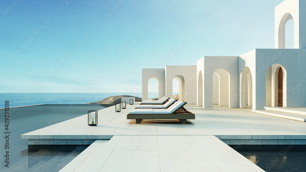 Luxury beach and Pool villa Santorini style - 3d rendering - obrazy, fototapety, plakaty 